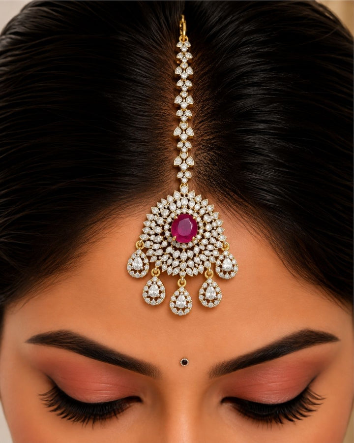 Zircon Diamond Gold Plated Floral Mangtikka