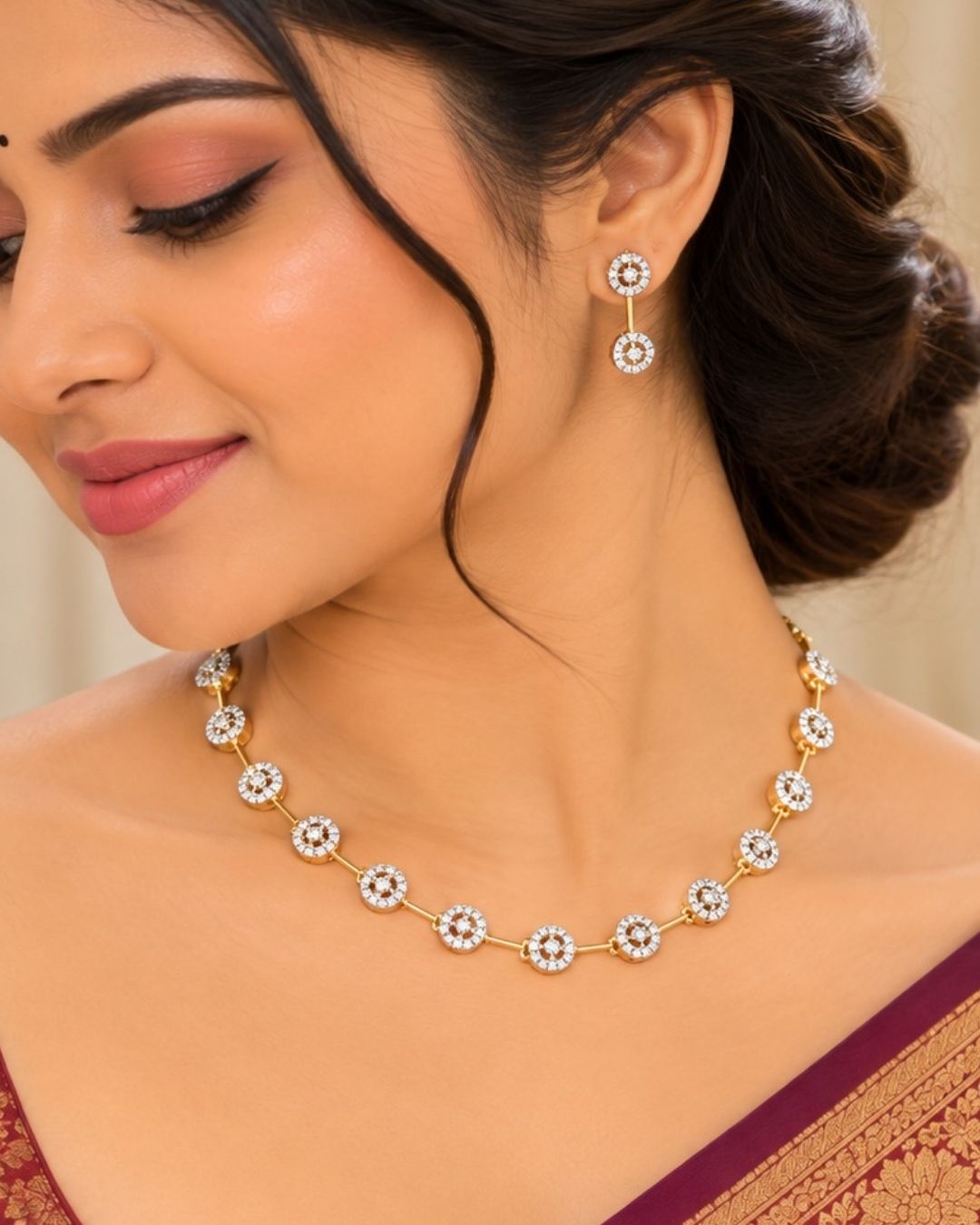 Zircon Diamond Gold Plated Droplets Necklace  With Earrings