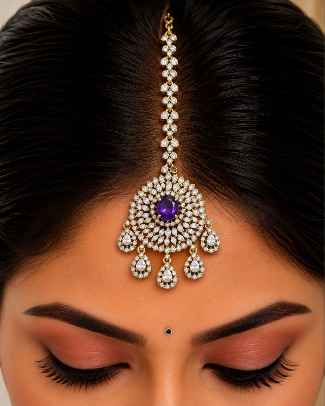 Zircon Diamond Gold Plated Floral Mangtikka