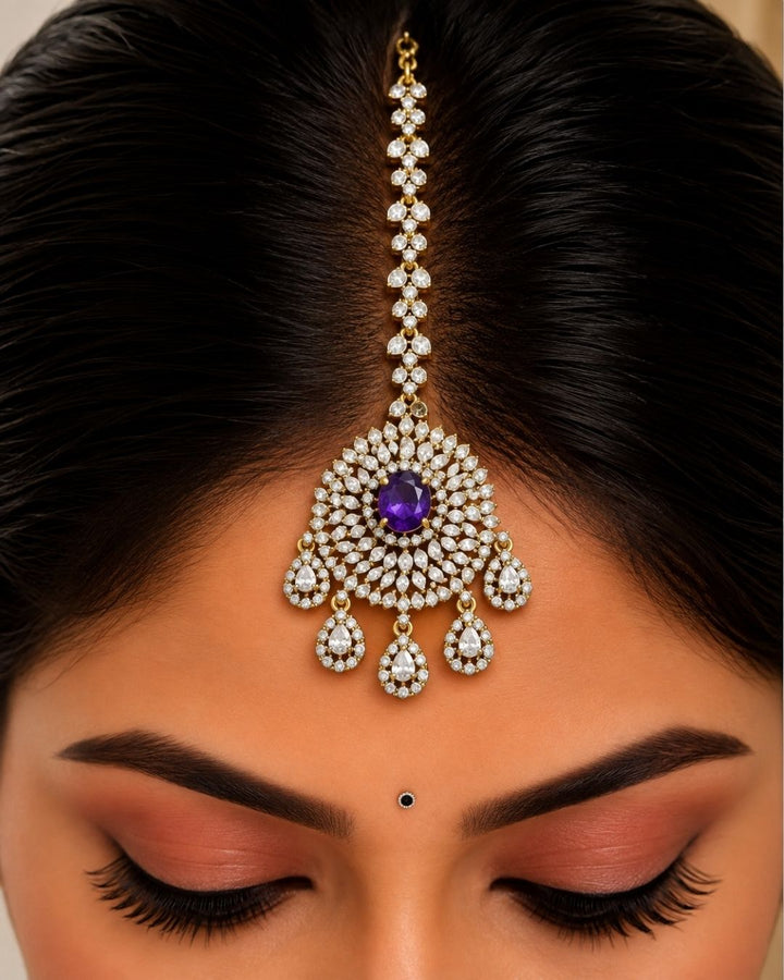 Zircon Diamond Gold Plated Floral Mangtikka
