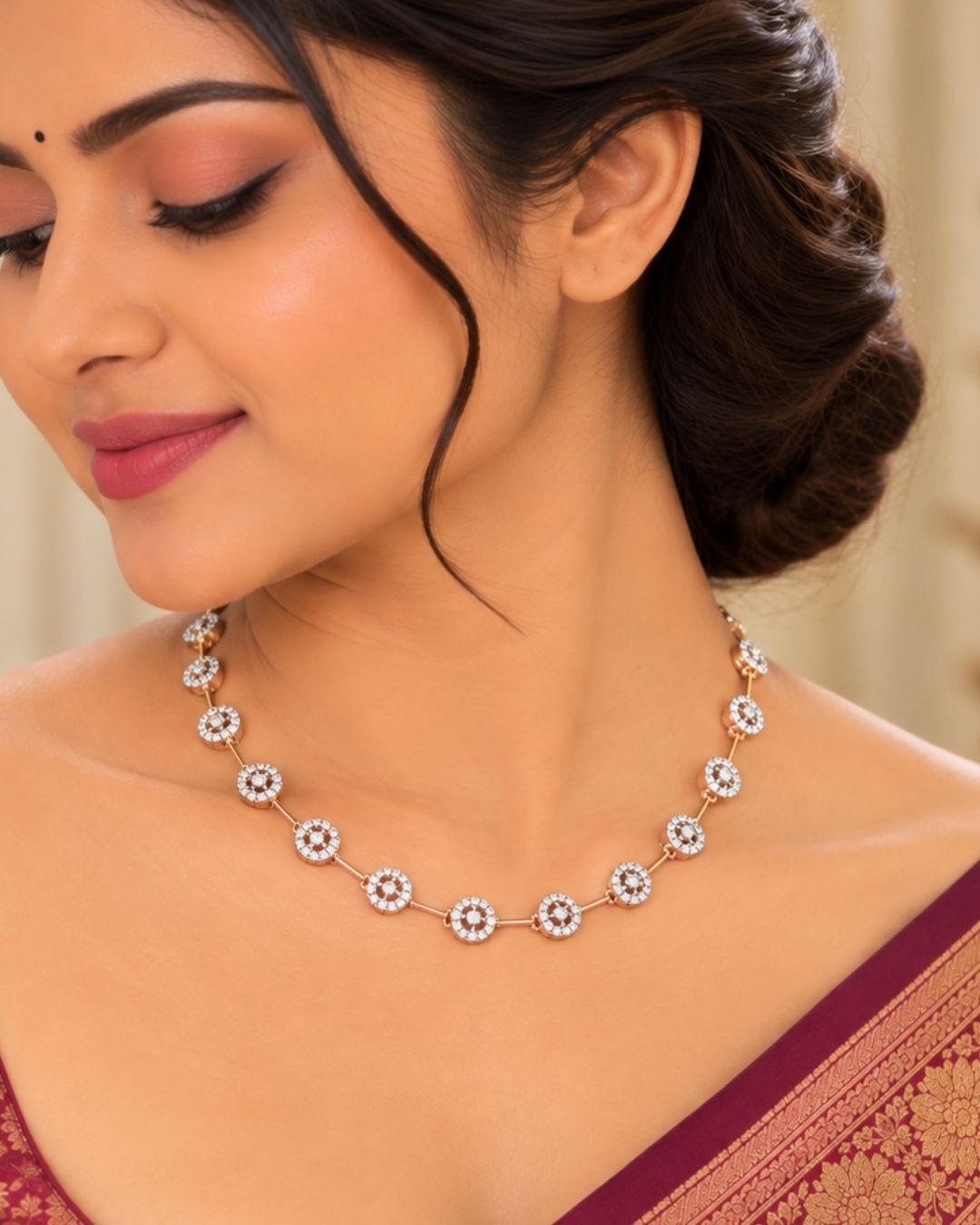 Zircon Diamond Gold Plated Droplets Necklace  With Earrings