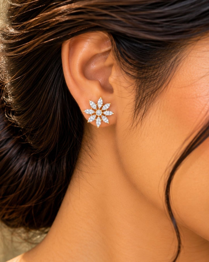 Zircon Diamond Gold Plated Flower Necklace with Earrings