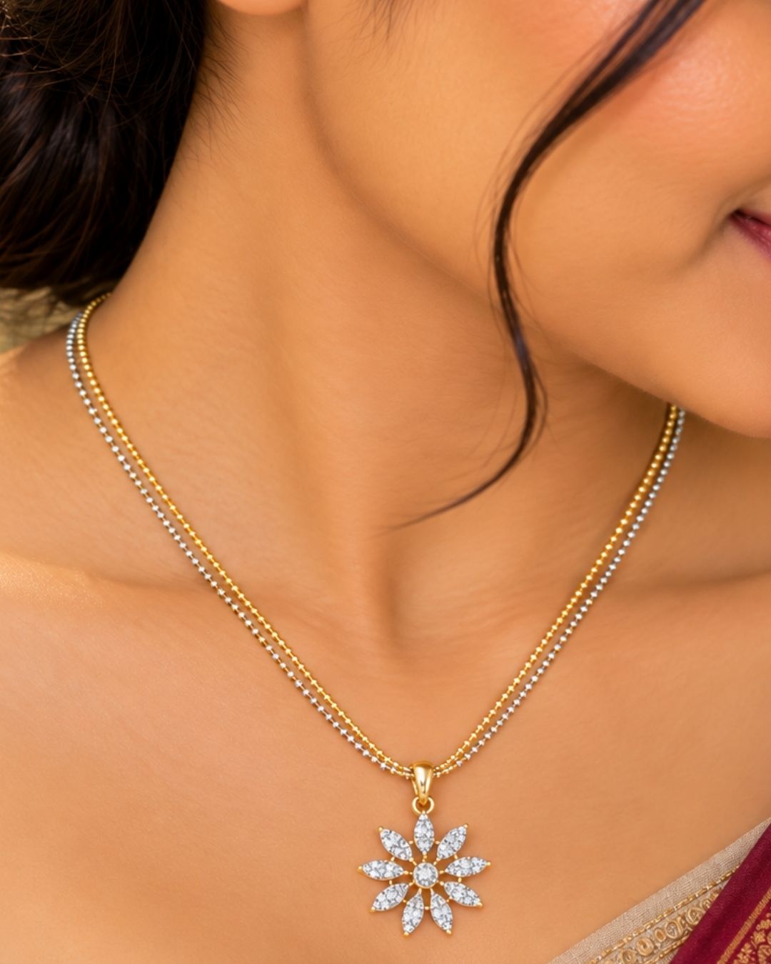 Zircon Diamond Gold Plated Flower Necklace with Earrings
