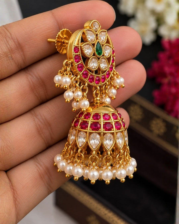 Jadau Kundan Gold Plated Pearl Drop Earrings