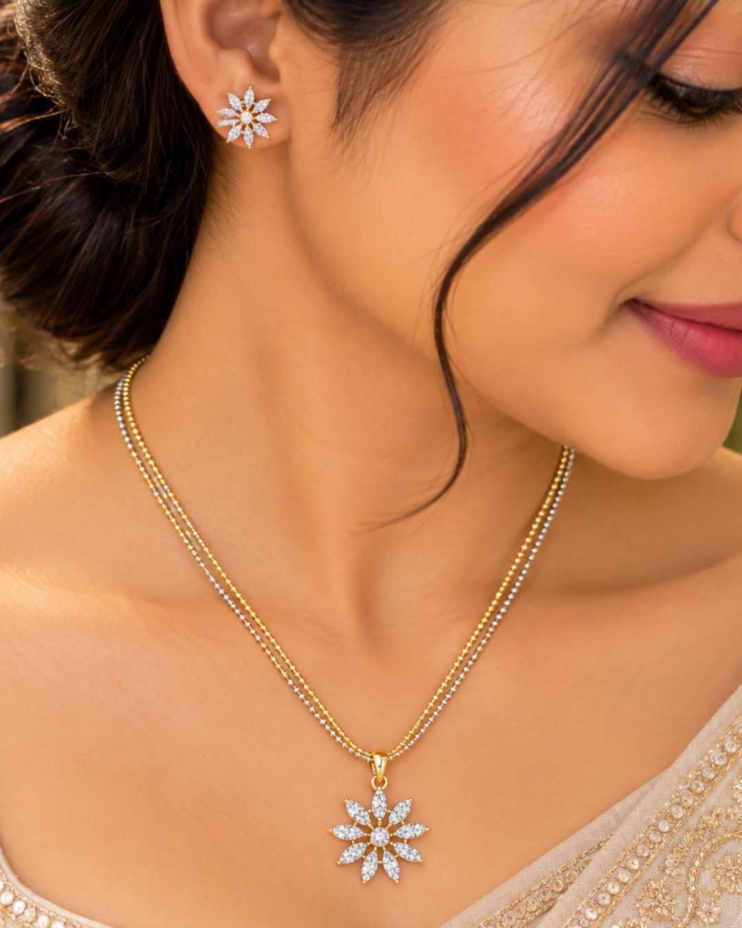 Zircon Diamond Gold Plated Flower Necklace with Earrings