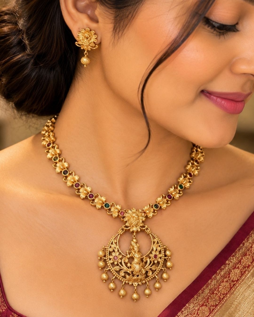 Gold Plated Jadau Kundan Krishna Necklace with Earrings