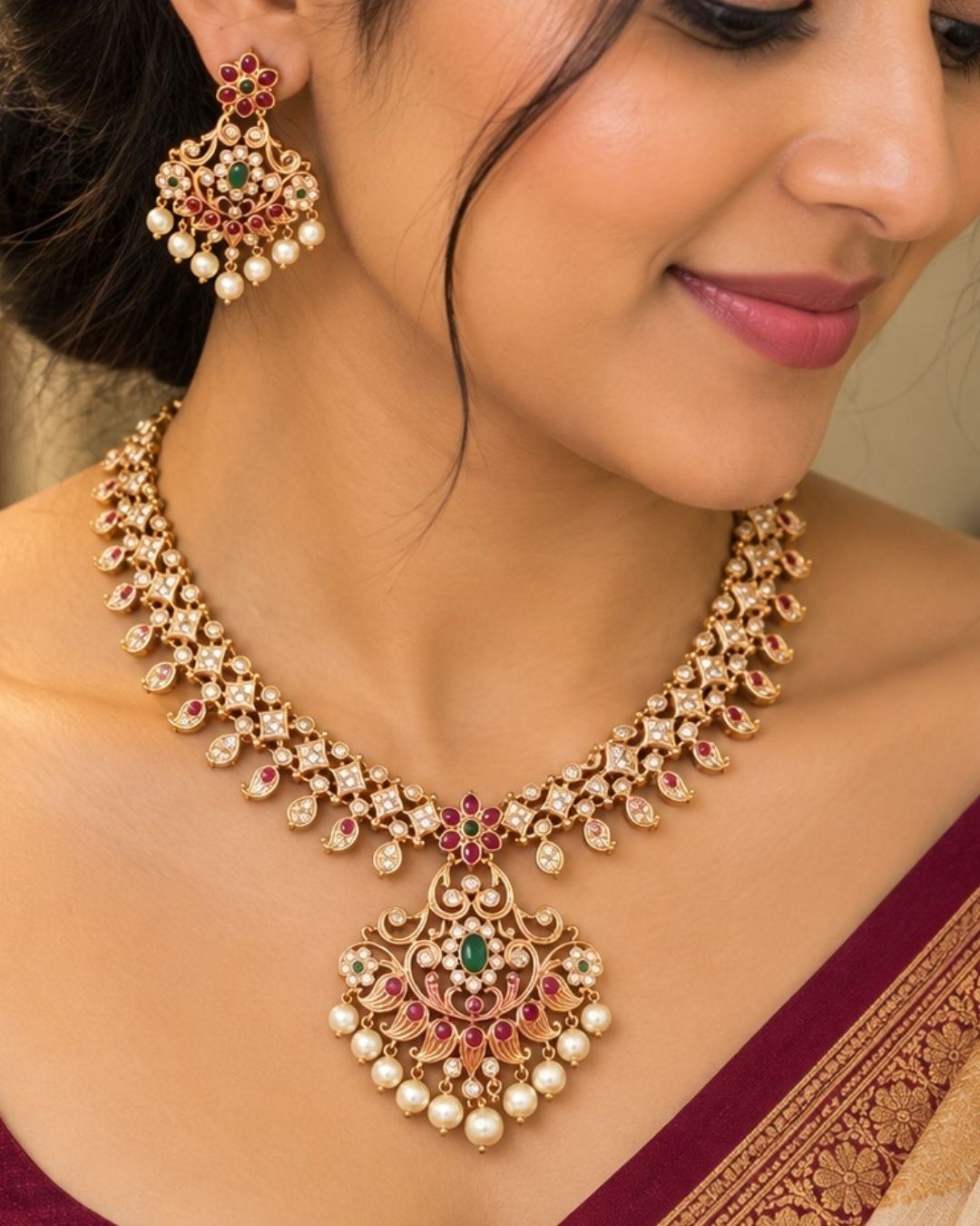 Gold Plated Pearl Drops Necklace Set