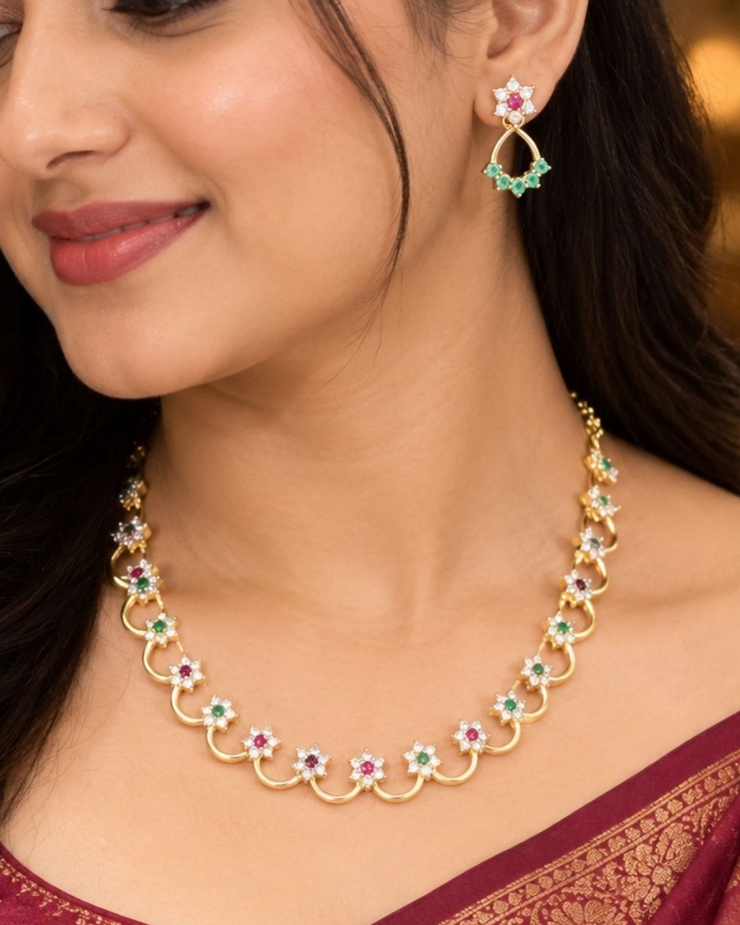 Zircon Diamond Gold Plated Flower Necklace with Earrings