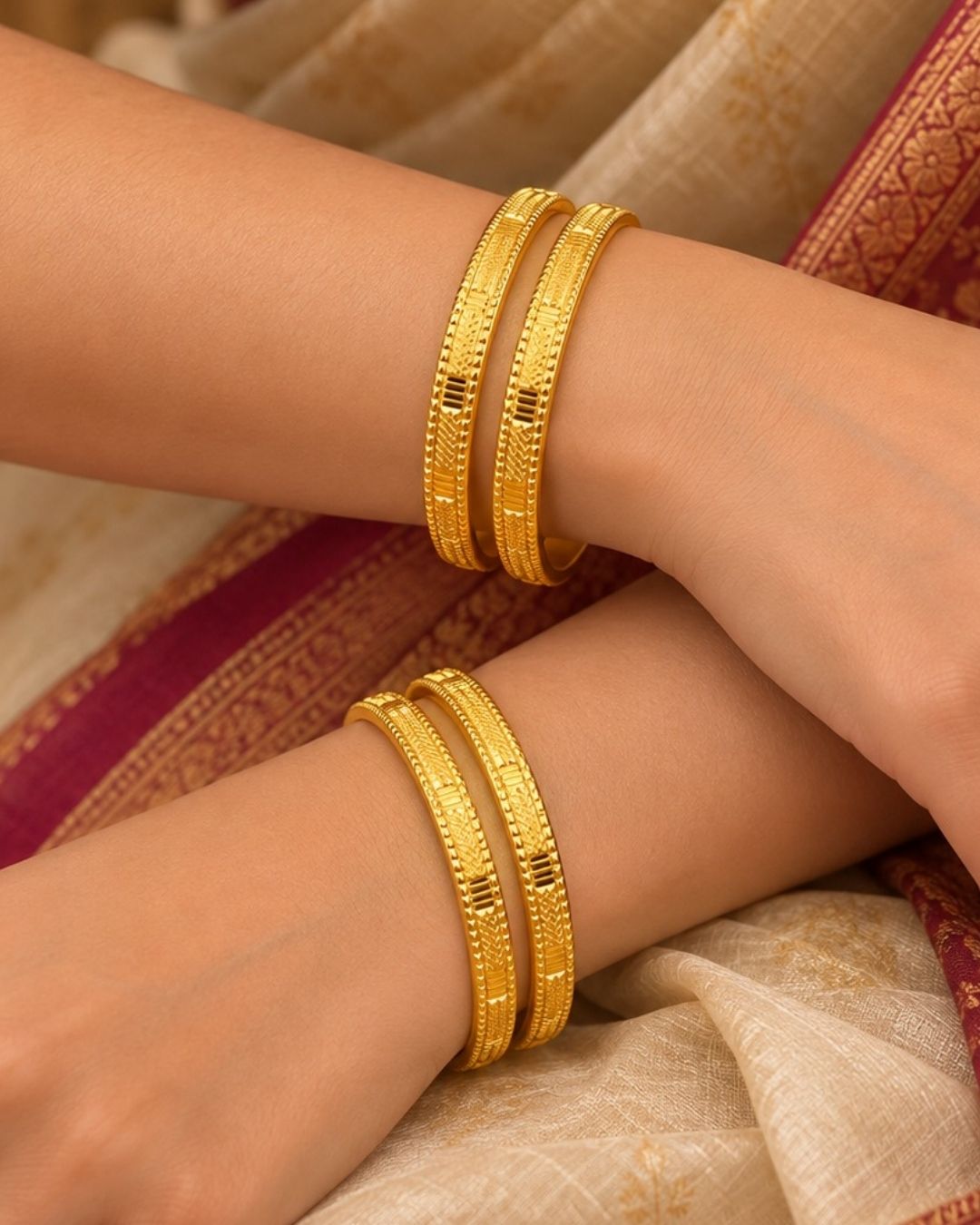 18K Gold Plated Textured Designer Bangles (Set of 4)