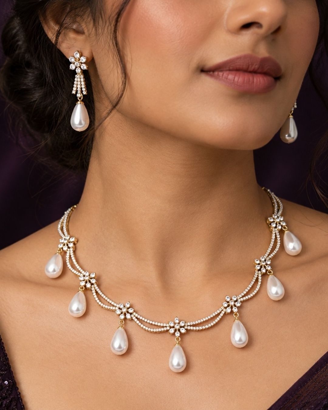 Zircon Diamond Gold Plated Necklace Set with Pearl Drops