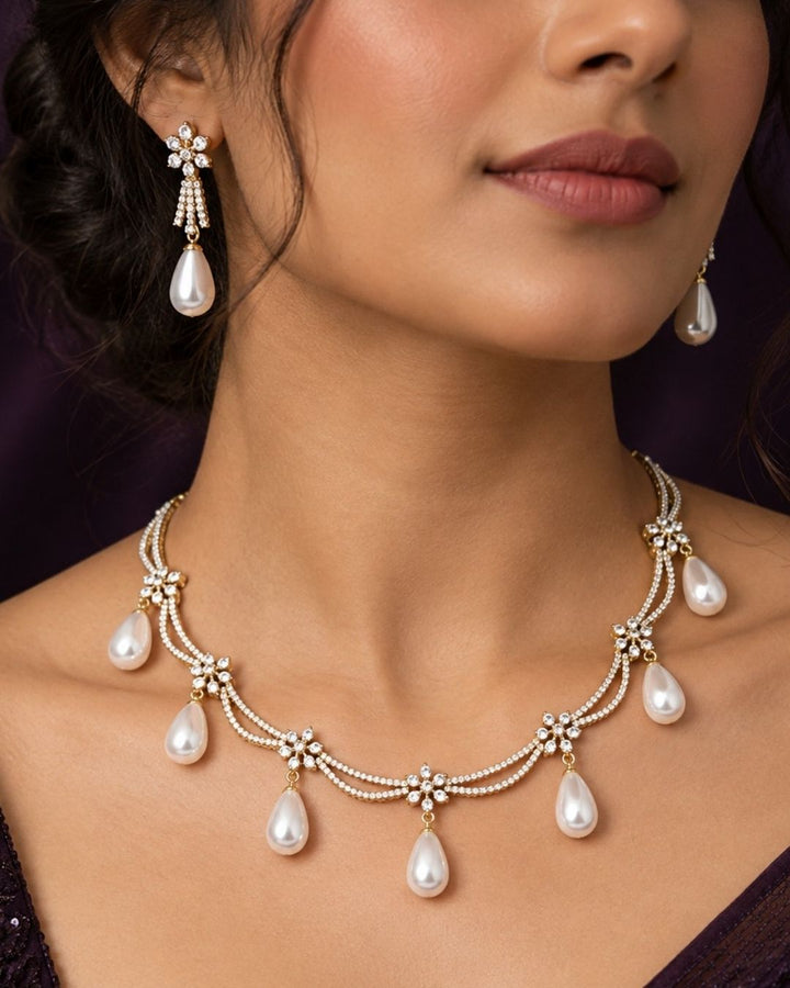 Zircon Diamond Gold Plated Necklace Set with Pearl Drops