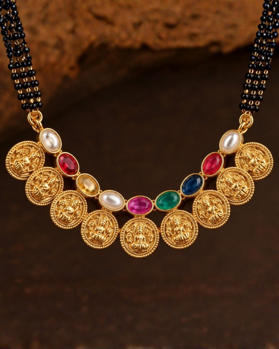 Kundan Gold Plated Navaratna Gemstones Lakshmi Coin Temple Mangalsutra