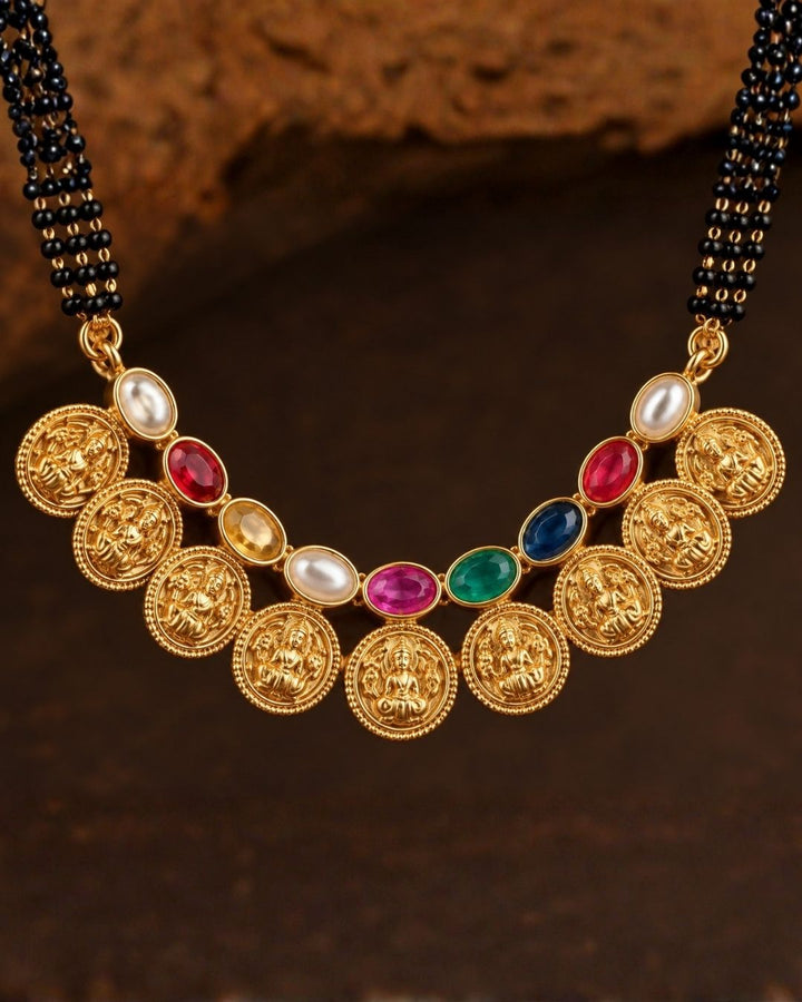 Kundan Gold Plated Navaratna Gemstones Lakshmi Coin Temple Mangalsutra