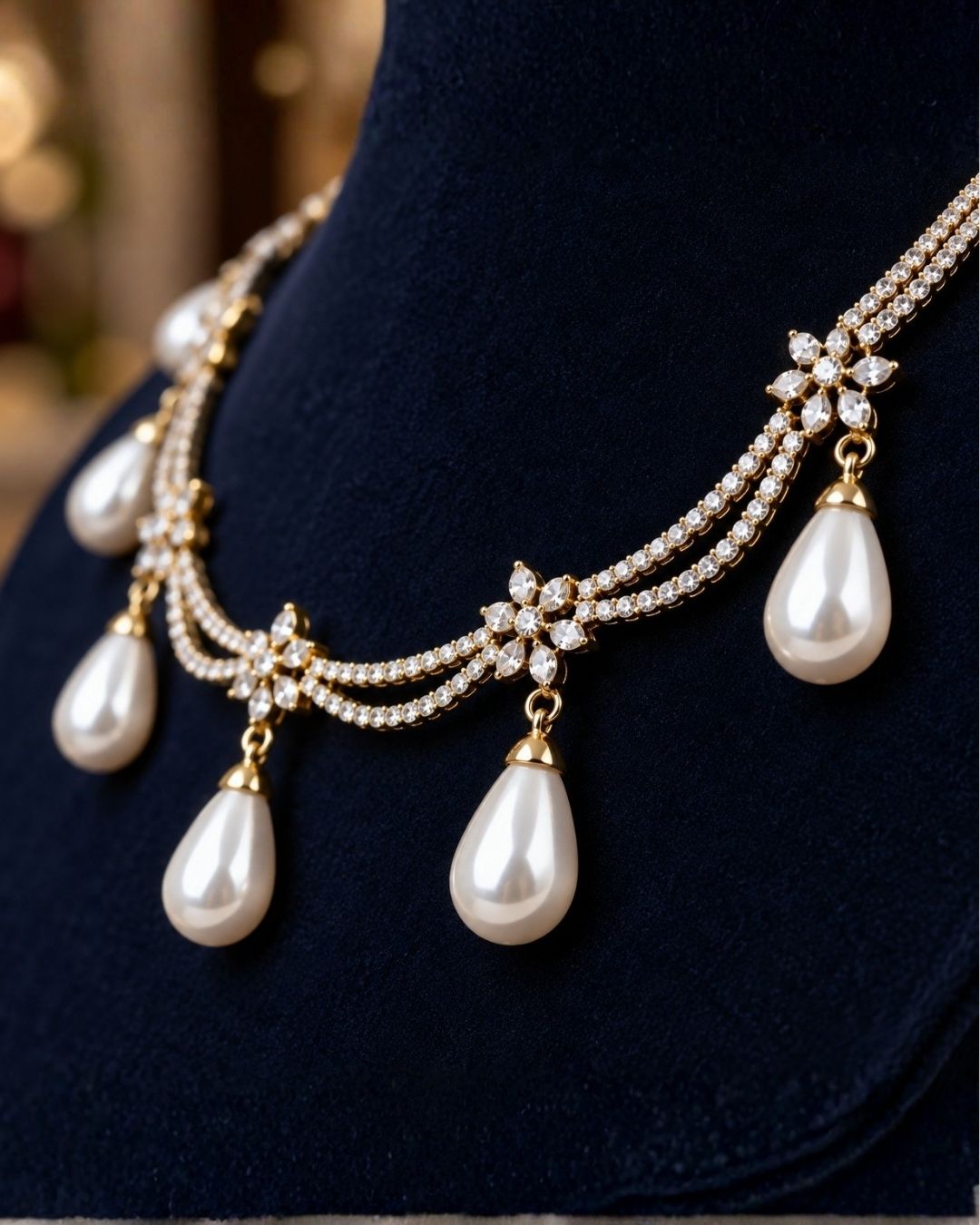 Zircon Diamond Gold Plated Necklace Set with Pearl Drops