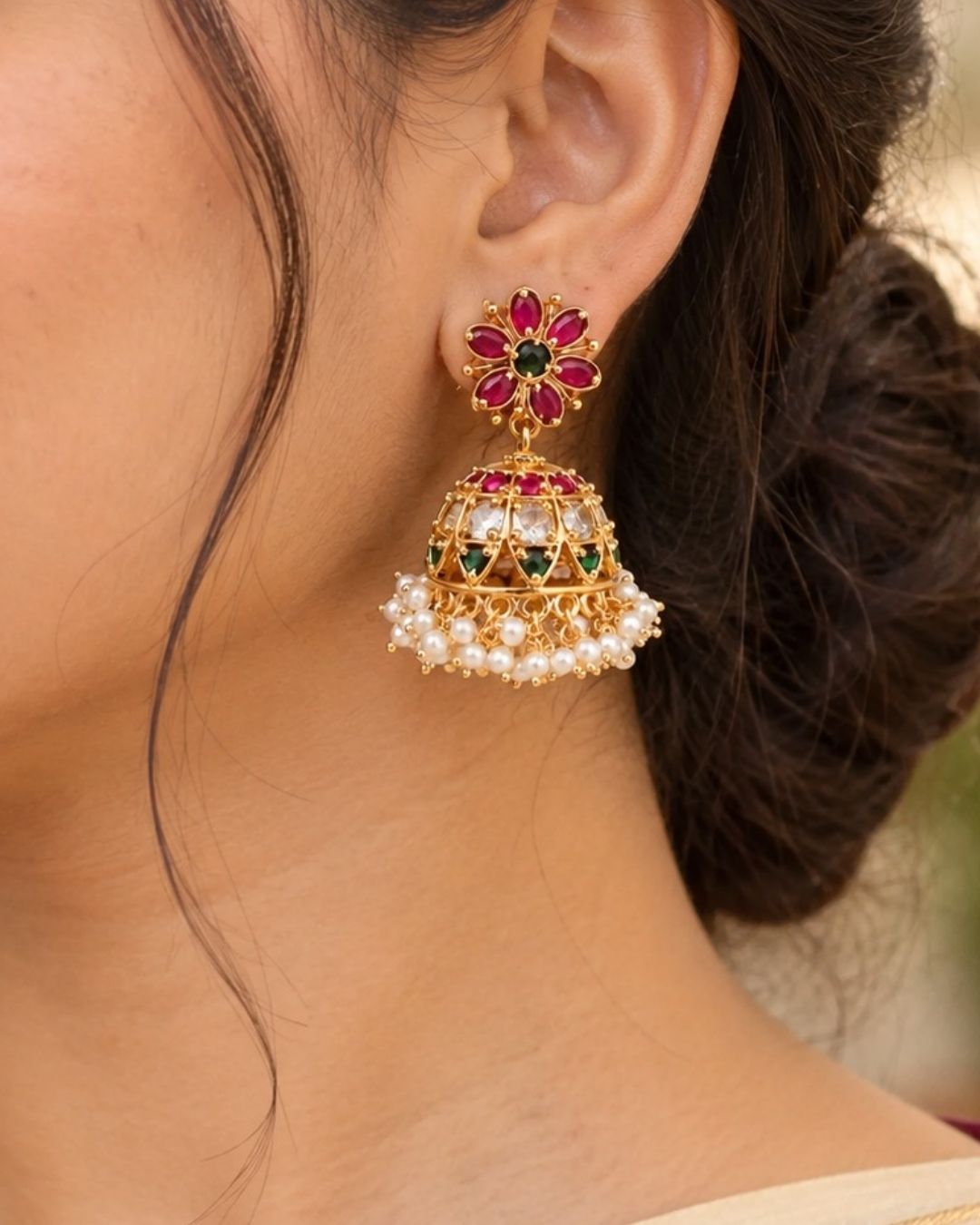 Jadau Kundan Kemp Gold Plated Jhumkas