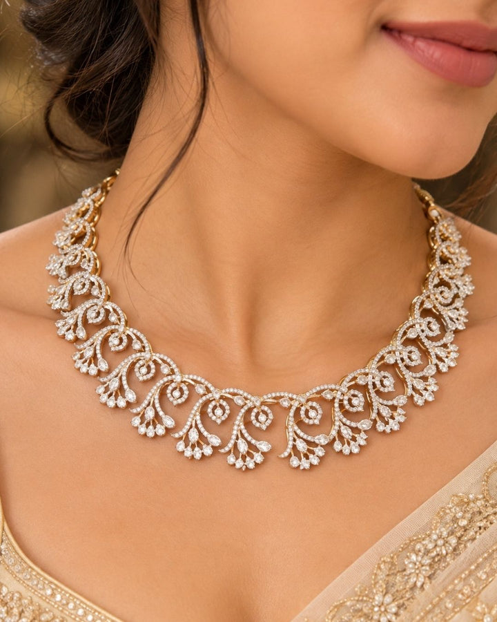 Zircon Diamond Gold Plated Floral Design Necklace with Earrings w91
