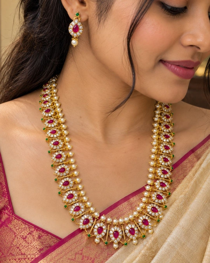 Zircon Diamond Gold Plated Ruby Necklace Set with Pearls