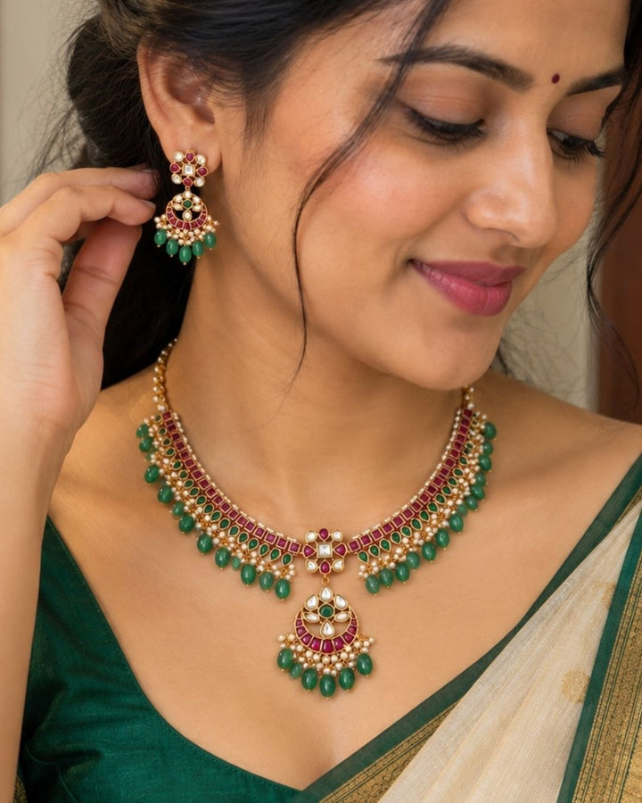 Jadau Kundan Gold Plated Necklace with Earrings