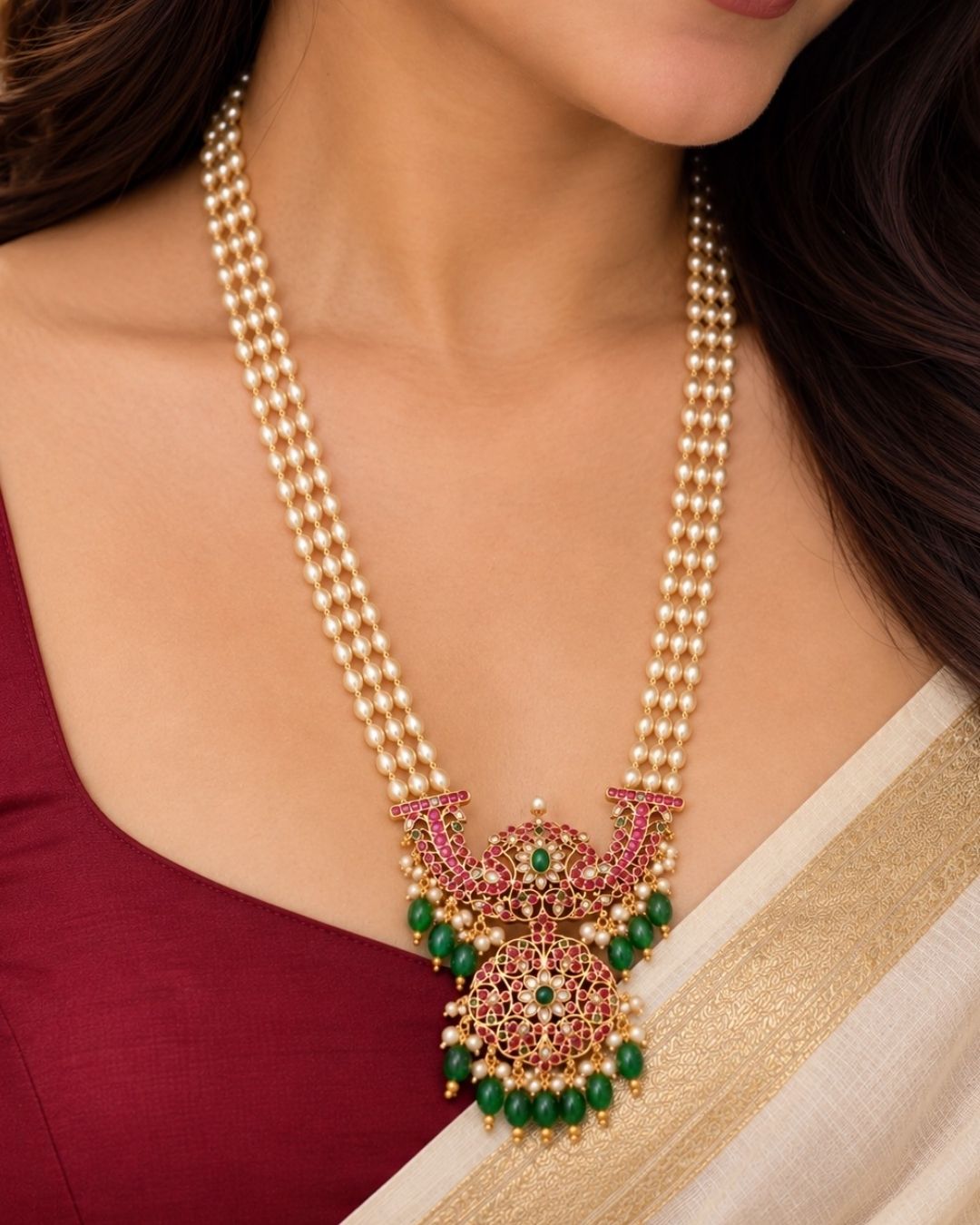 Jadau Kundan with Rice Beads Gold Plated Haram (Necklace) With Earrings