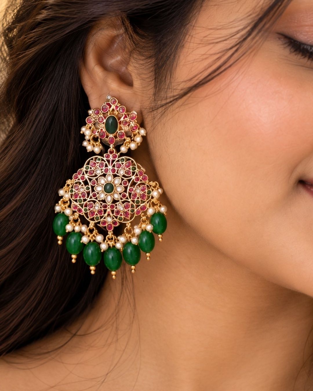 Jadau Kundan with Rice Beads Gold Plated Haram (Necklace) With Earrings