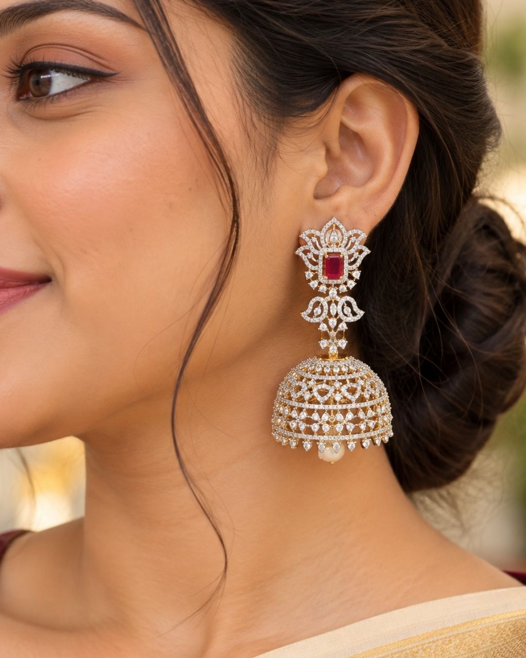 Pure Zirconian Diamond Gold Plated Pearl Drops Jhumkas c 1011020