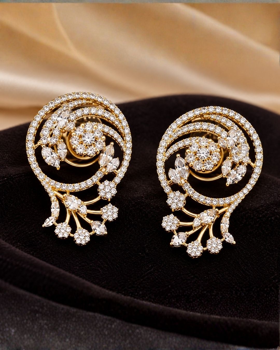 Zircon Diamond Gold Plated Floral Design Necklace with Earrings w91