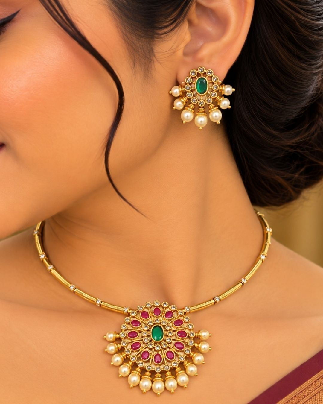 Kundan Gold Plated Emerald and Ruby Kante Necklace with Earrings