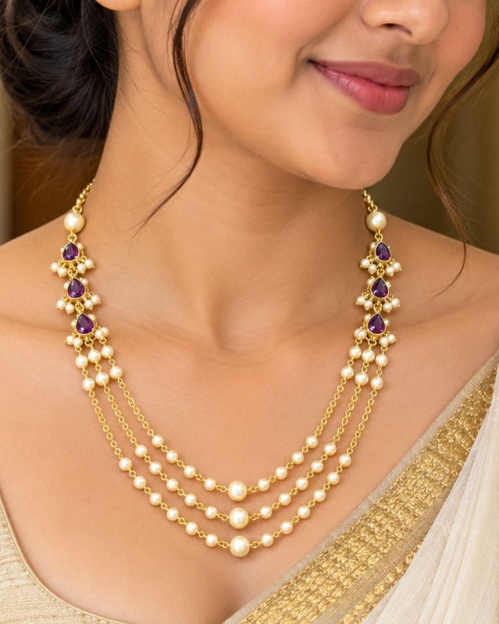 Kundan Gold Plated Three Layered Pearl Necklace