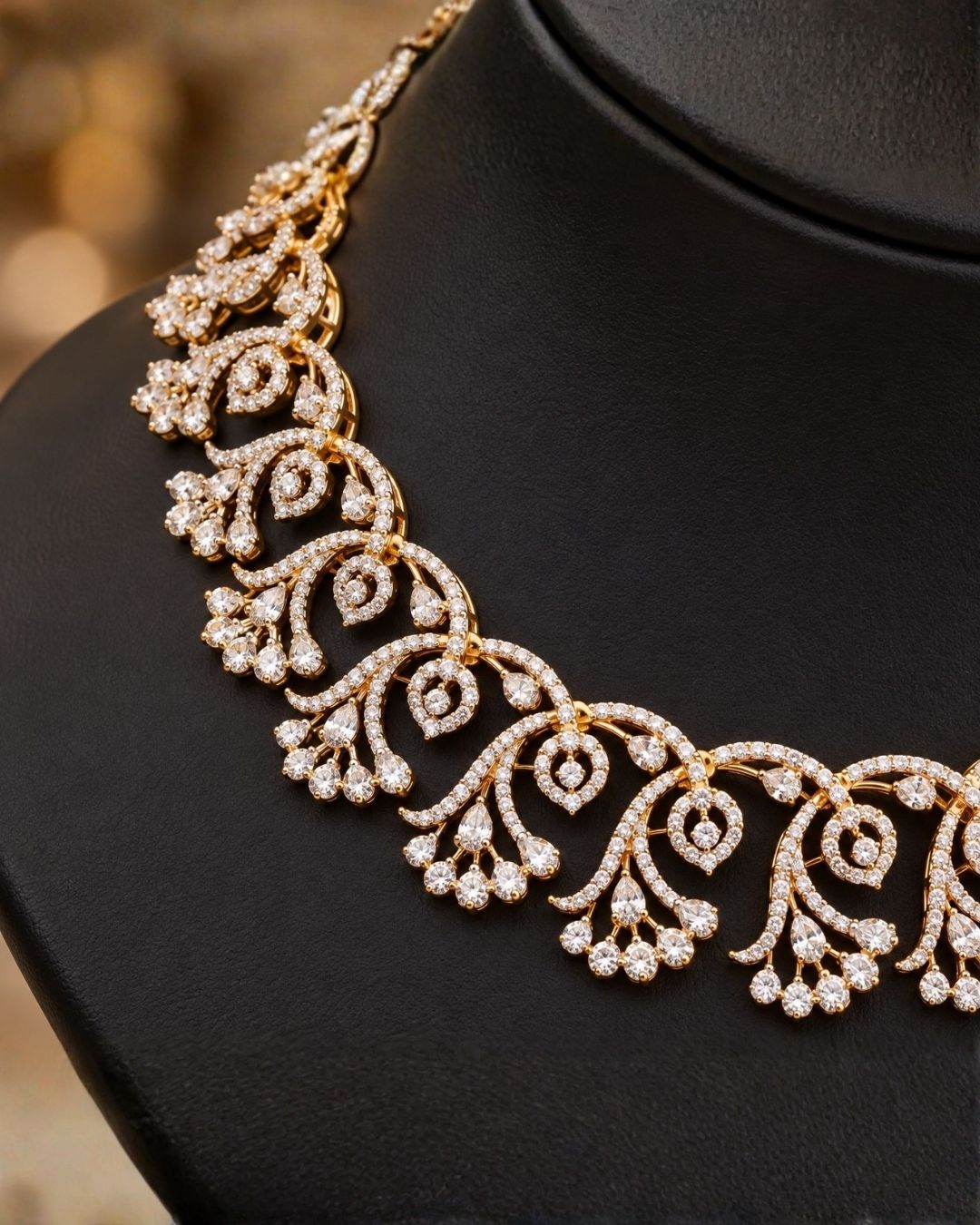 Zircon Diamond Gold Plated Floral Design Necklace with Earrings w91