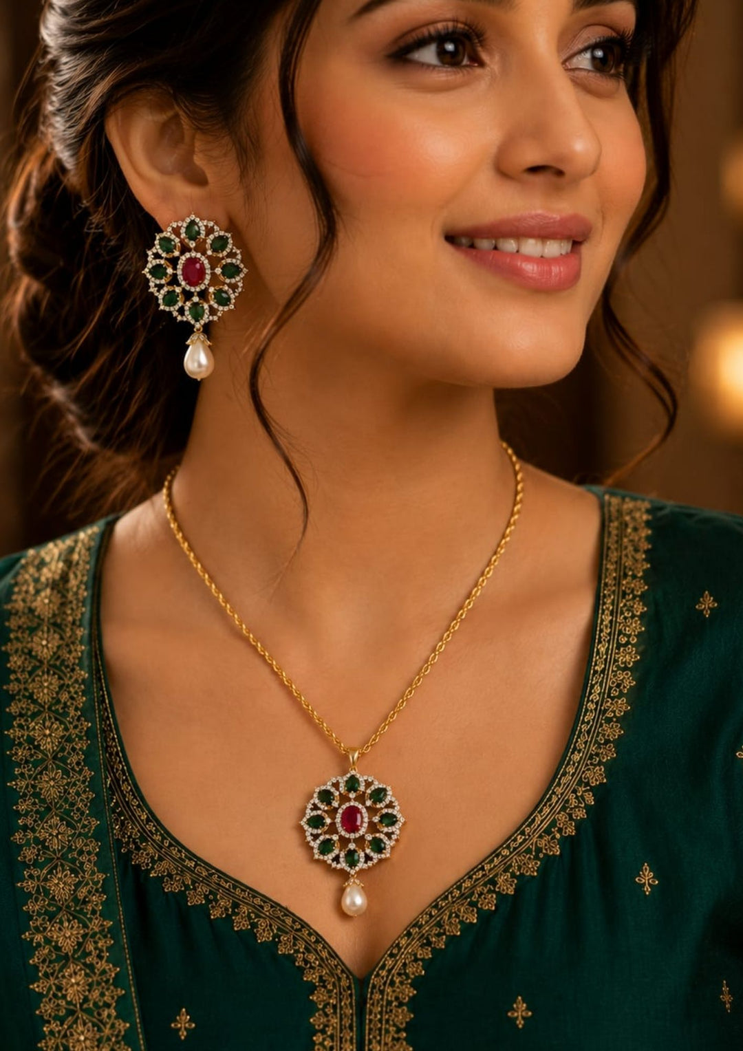 Zircon Diamond Flower Design Pendant with Earrings