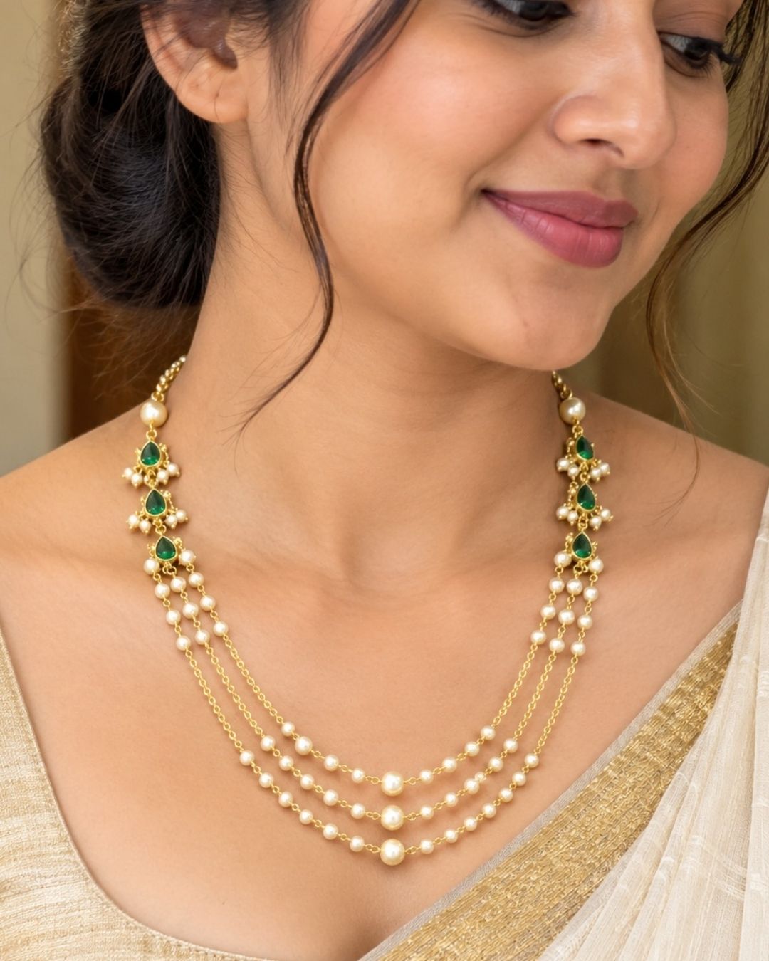Kundan Gold Plated Three Layered Pearl Necklace