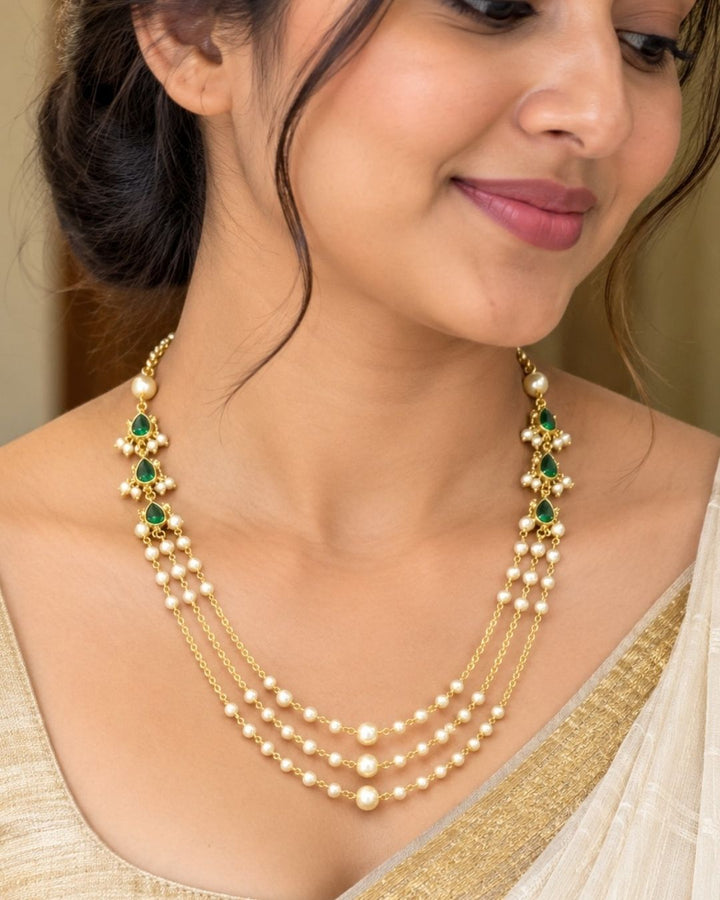 Kundan Gold Plated Three Layered Pearl Necklace