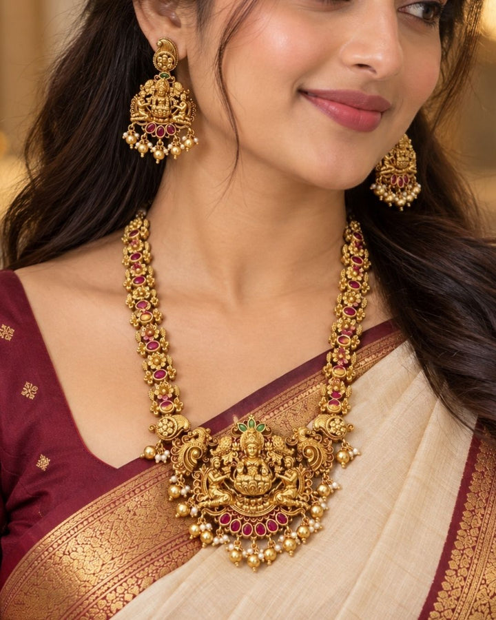 Jadau Kundan Gold Plated  Laxmi Devi Necklace with Earrings w108