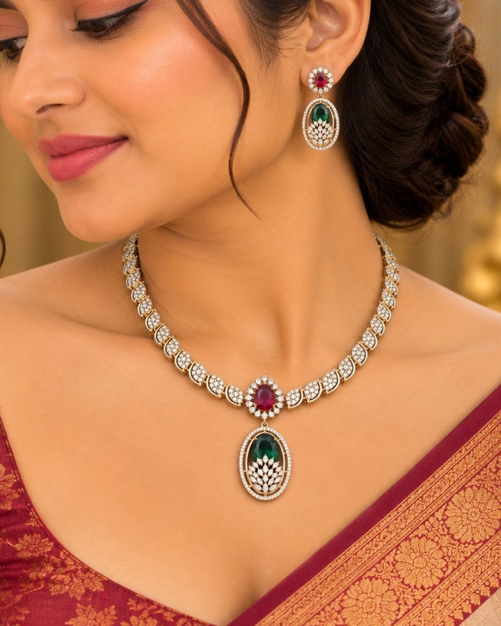 Zircon Diamond Gold Plated Emerald &amp; Ruby Necklace Set