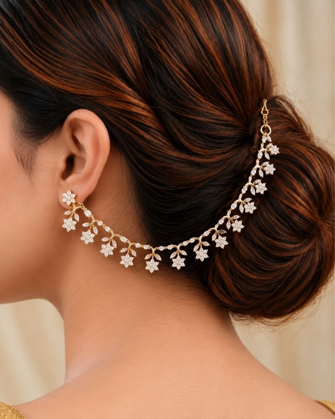 Zircon Diamond Gold Plated Flower Design Earchains