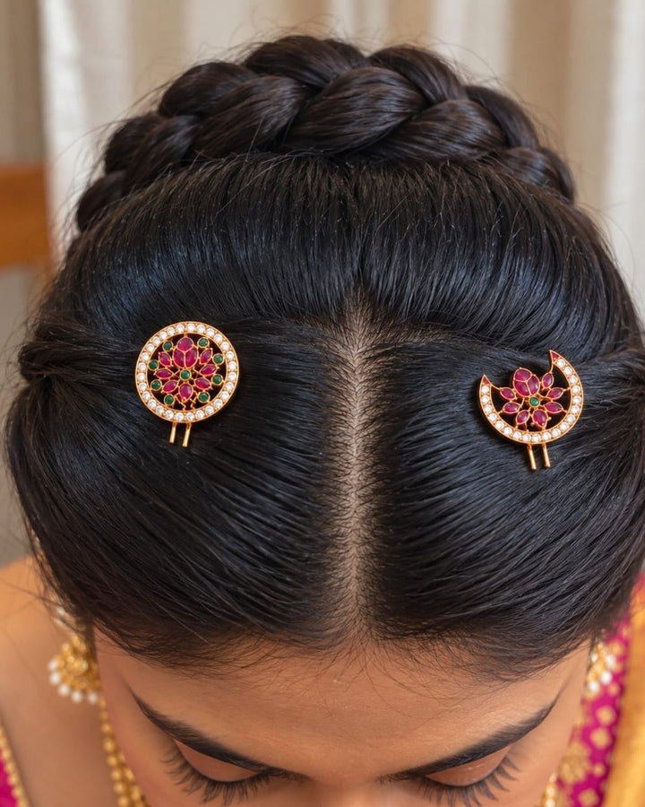 Jadau Kundan  Gold Plated Circular Sun Moon Brooch Set