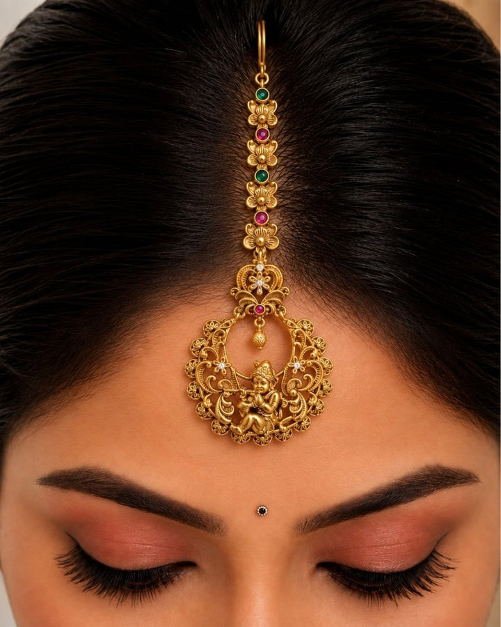 Jadau Kundan Gold Plated Krishna Temple Mangtikka