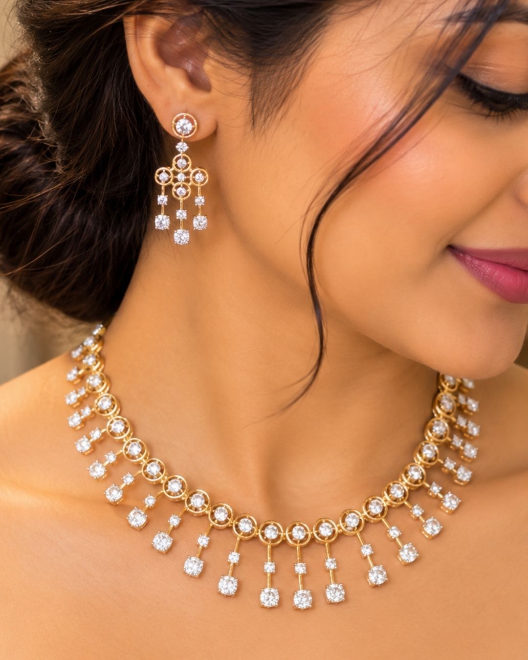 Pure Zirconian Diamond Gold Plated  Necklace With Earrings r10999
