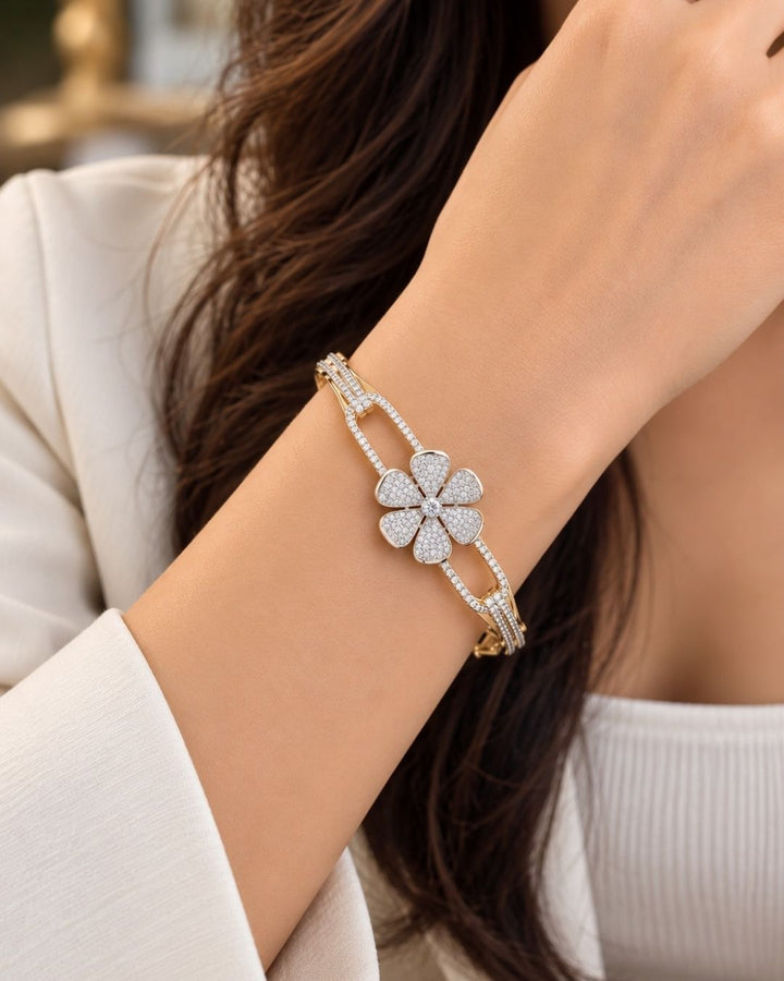 Zircon Diamond Gold Plated Openable Flower Bracelet (Kada)