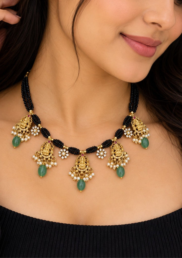 Gold Plated Black Bead Lakshmi Necklace