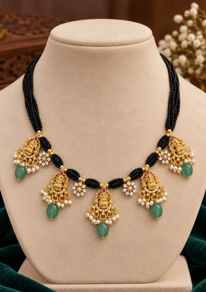 Gold Plated Black Bead Lakshmi Necklace
