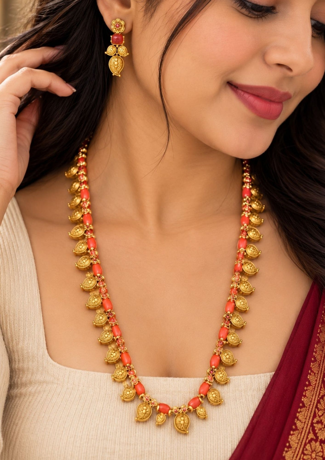 Kundan Gold Plated Coral Mango Design Necklace with Earrings