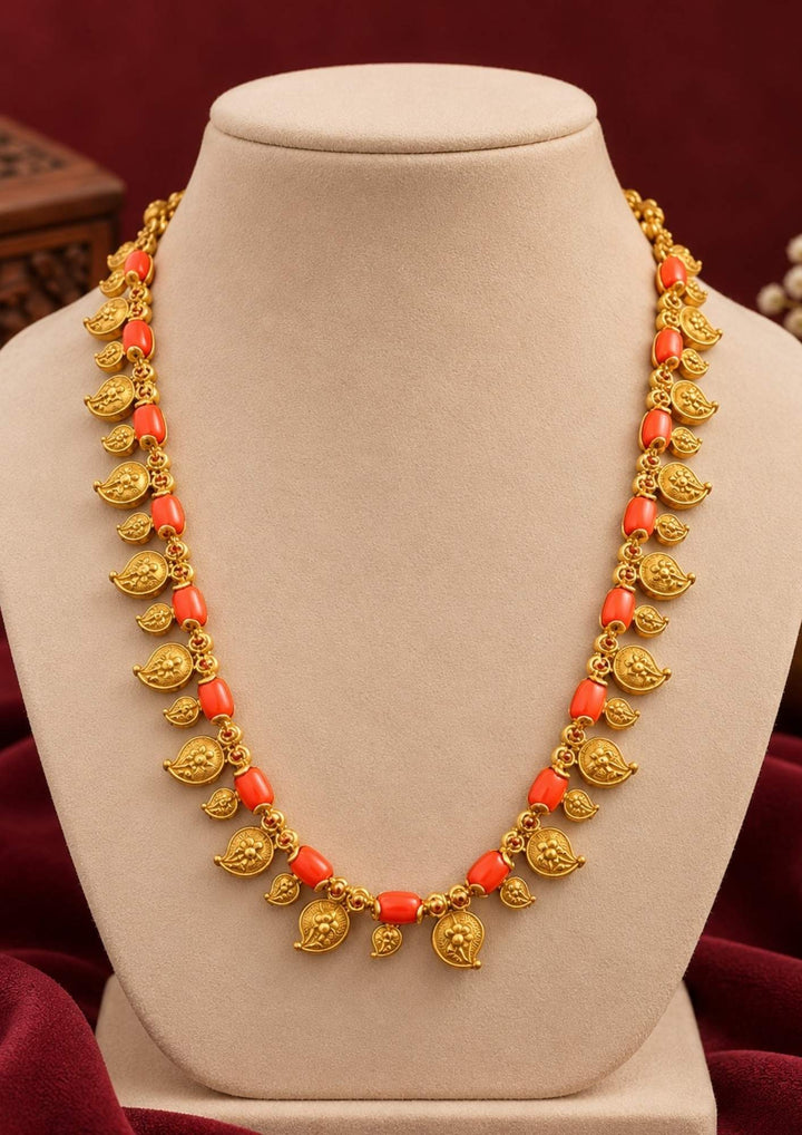 Kundan Gold Plated Coral Mango Design Necklace with Earrings