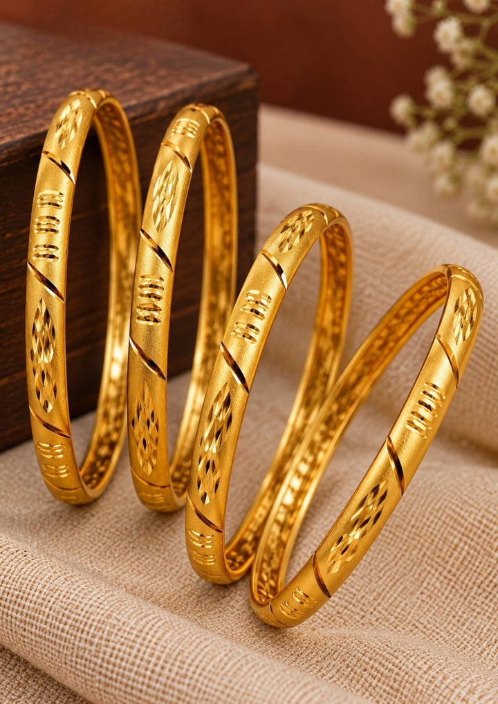 18K Gold Plated Floral Engraved Bangles (Set of 4)