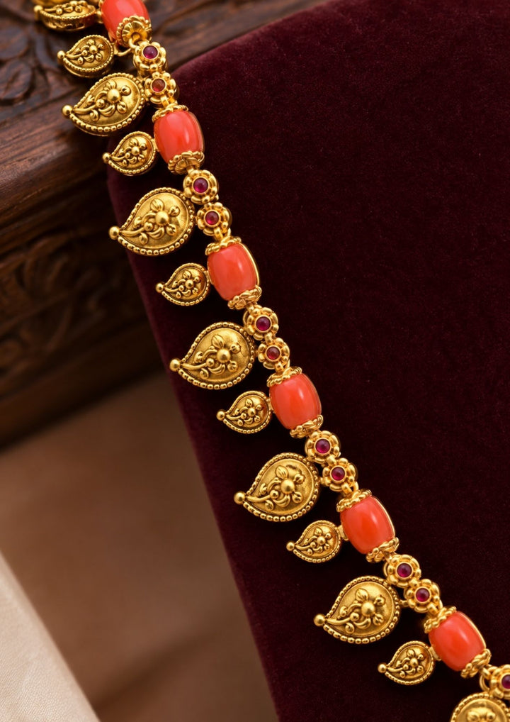 Kundan Gold Plated Coral Mango Design Necklace with Earrings
