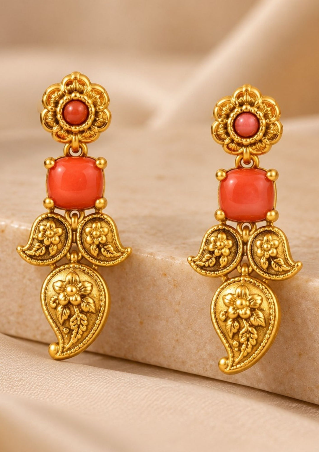 Kundan Gold Plated Coral Mango Design Necklace with Earrings