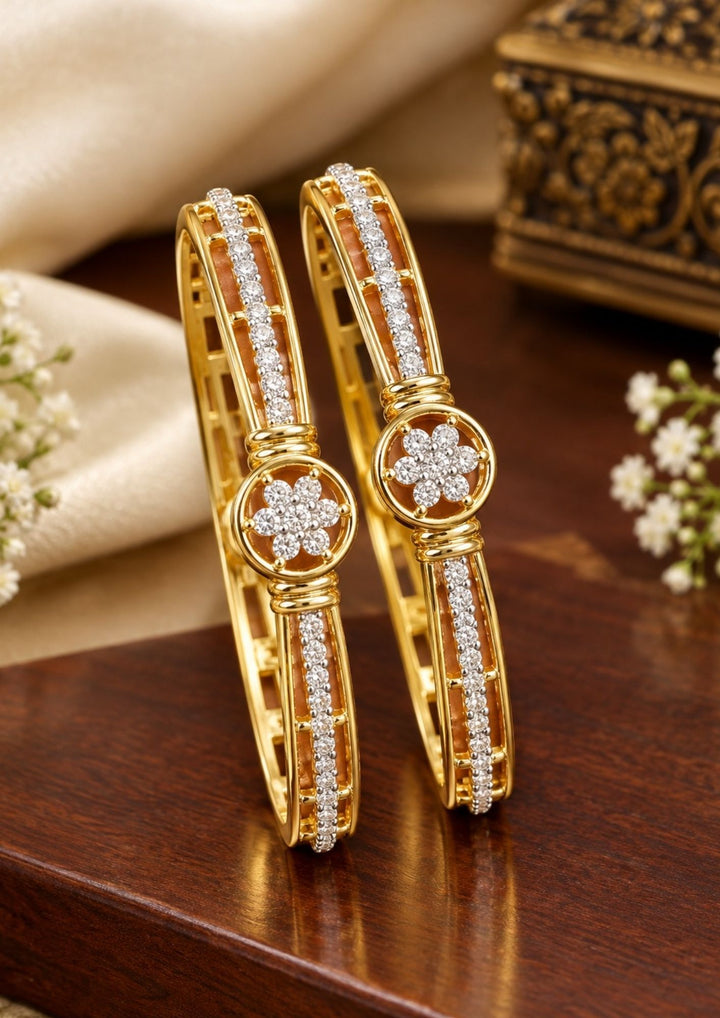 Zircon Daimond Gold Plated Designer Bangles with Floral Crystal Stone Design