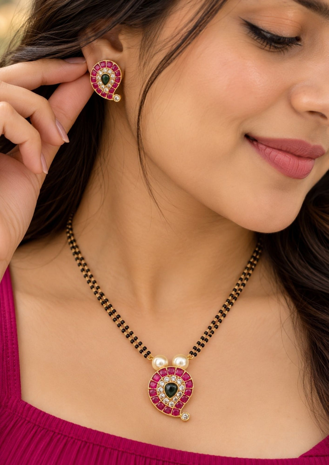 Kundan Kemp Gold Plated Mangalsutra With Earrings g10750