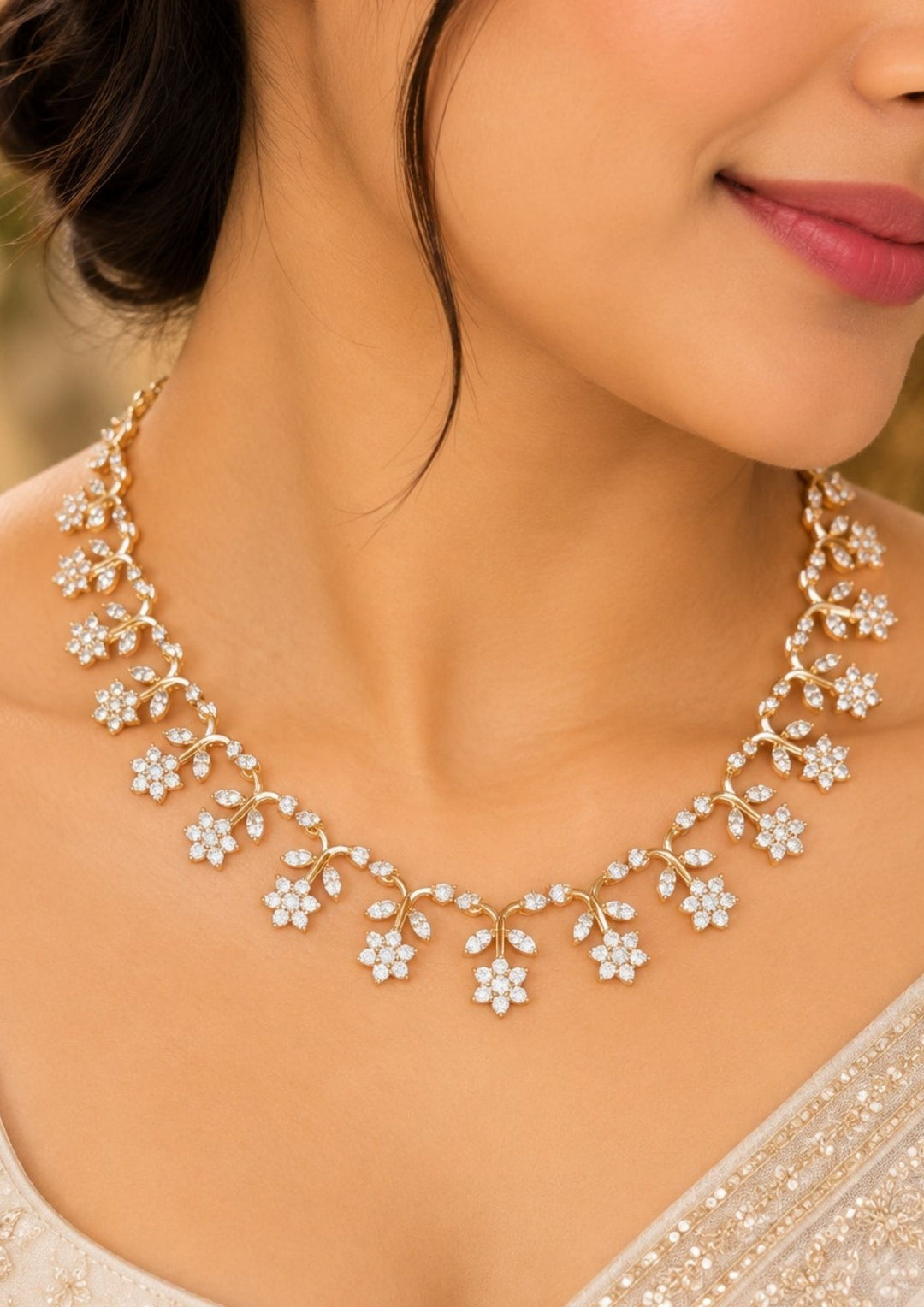 Zircon Diamond Gold Plated Floral and Leaf Design Necklace Set