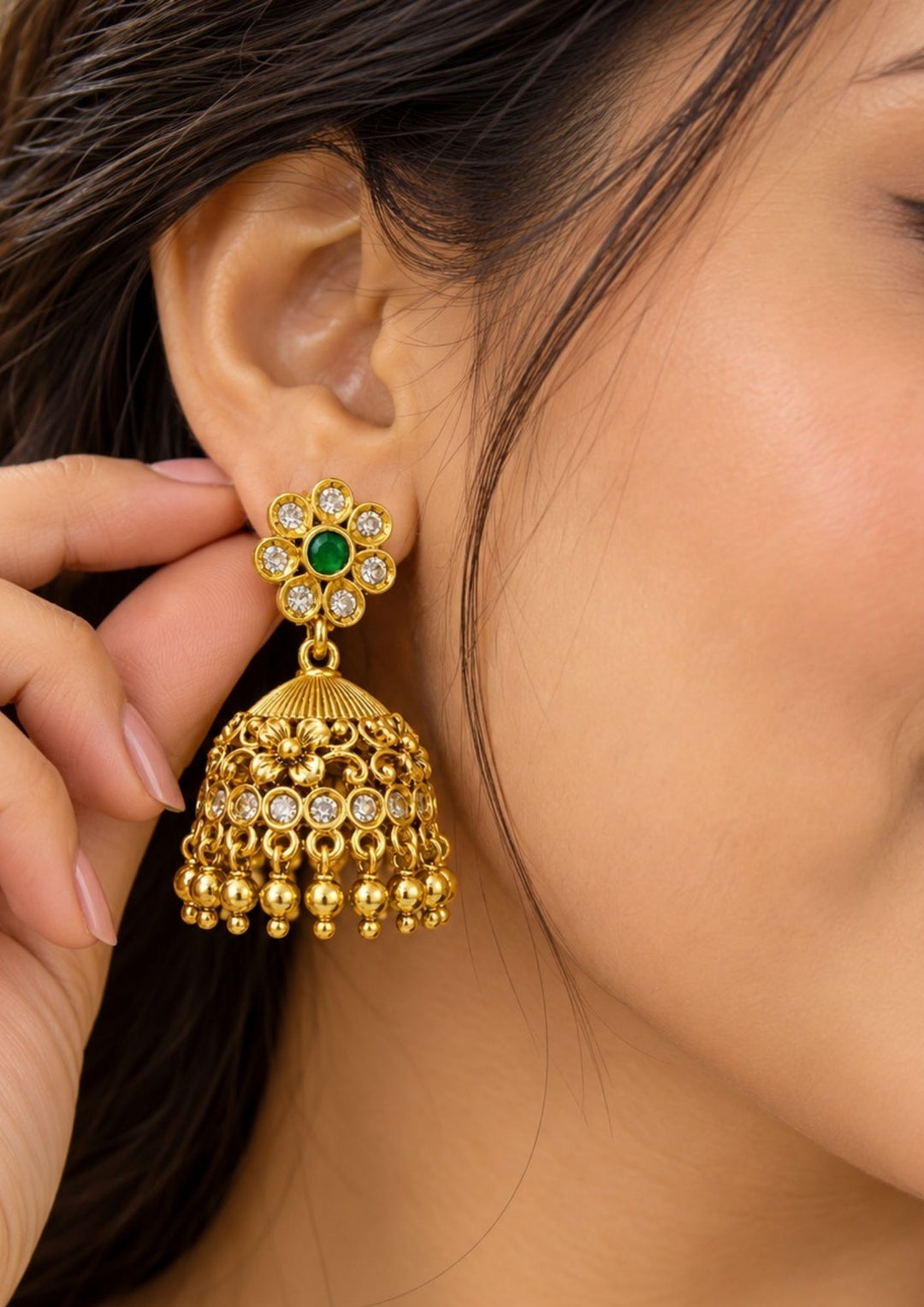 Emerald Beads Gold Plated Flower Jhumka Earrings